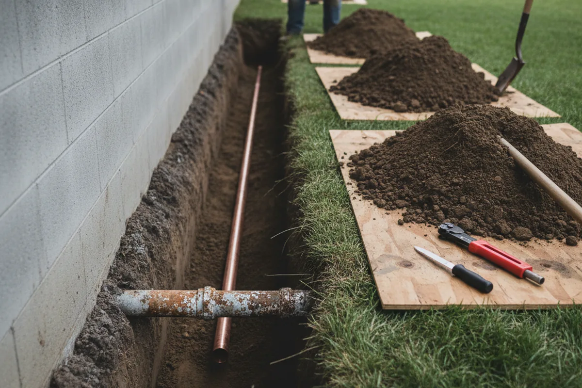 Excavated water line trench during Water Softener Installation in Old Westbury